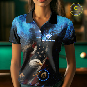 Blue Flaming American Flag Eagle Billiard Shirt For Women Custom 8 Ball Pool Jersey Polo & 1/4 Zip TDM4298