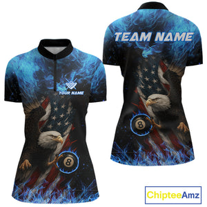 Blue Flaming American Flag Eagle Billiard Shirt For Women Custom 8 Ball Pool Jersey Polo & 1/4 Zip TDM4298