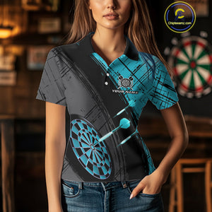 Grunge Cyan Black Dartboard Light Women Darts Polo & 1/4 Zip Custom Dart Shirt For Team Dart Jersey TDM4127