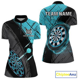 Grunge Cyan Black Dartboard Light Women Darts Polo & 1/4 Zip Custom Dart Shirt For Team Dart Jersey TDM4127