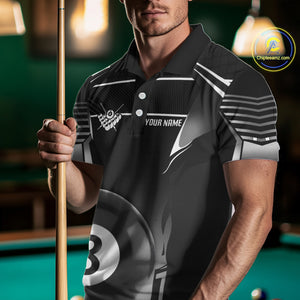 Black And Grey 8 Ball Pool Lights Billiard Polo & 1/4 Zip For Men Custom 3D Billiard Team Jerseys TDM4132