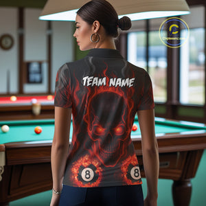 Red Flaming Skull 8 Ball Billiard Shirt For Women Custom Pool Jerseys Team Polo & Quarter Zip TDM4136