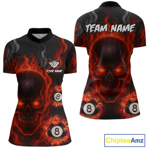 Red Flaming Skull 8 Ball Billiard Shirt For Women Custom Pool Jerseys Team Polo & Quarter Zip TDM4136