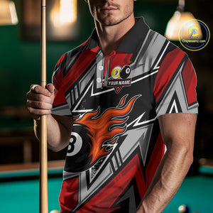 Personalized Men's Billiard Shirts, Flame 8&9 Ball Custom Red Zig-Zag Billiard Team Jerseys TDM4137