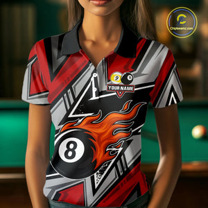 Personalized Women's Billiard Shirts, Flame 8&9 Ball Custom Red Zig-Zag Billiard Team Jerseys TDM4137