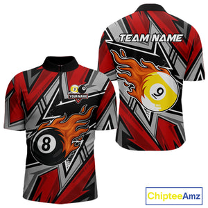Personalized Men's Billiard Shirts, Flame 8&9 Ball Custom Red Zig-Zag Billiard Team Jerseys TDM4137