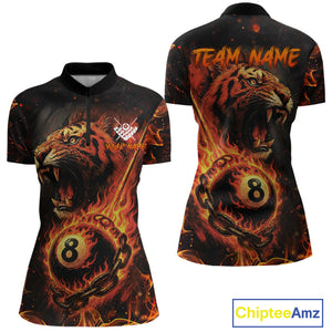 Personalized 8 Ball Chain Flame Tiger Billiard Shirt For Women Custom Pool Jerseys Polo & 1/4 Zip TDM4395