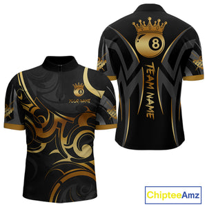 Black And Gold 8 Ball Crown Tribal Billiard Shirt For Men Custom Pool Team Jersey Polo & 1/4 Zip TDM4415