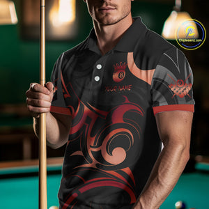 Black And Red 8 Ball Crown Tribal Billiard Shirt For Men Custom Pool Team Jersey Polo & 1/4 Zip TDM4416