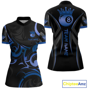 Black And Blue 8 Ball Crown Tribal Billiard Shirt For Women Custom Pool Team Jersey Polo & 1/4 Zip TDM4417