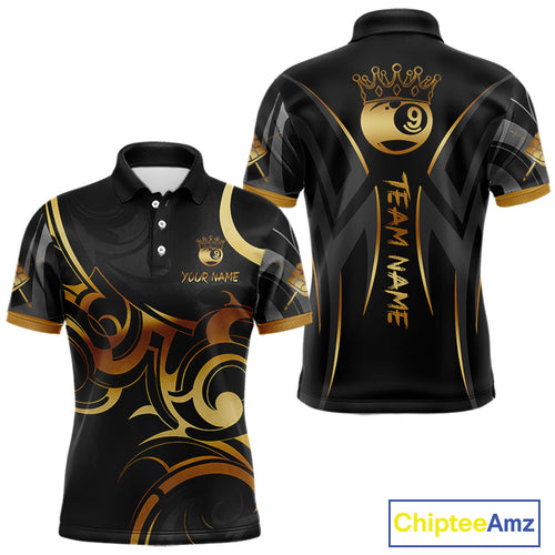 Black And Gold 9 Ball Crown Tribal Billiard Shirt For Men Custom Pool Team Jersey Polo & 1/4 Zip TDM4418