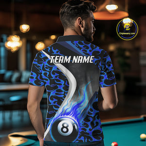 Personalized Flame Blue 8 Ball Pool Billiard Shirt For Men, Billiard Team Jersey Polo & 1/4 Zip TDM4471