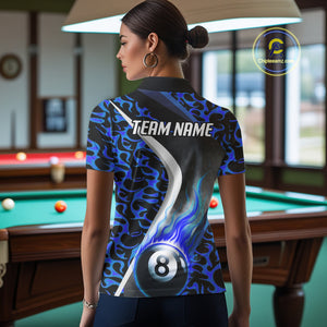 Personalized Flame Blue 8 Ball Pool Billiard Shirt For Women, Billiard Team Jersey Polo & 1/4 Zip TDM4471