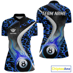 Personalized Flame Blue 8 Ball Pool Billiard Shirt For Women, Billiard Team Jersey Polo & 1/4 Zip TDM4471