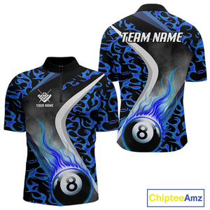 Personalized Flame Blue 8 Ball Pool Billiard Shirt For Men, Billiard Team Jersey Polo & 1/4 Zip TDM4471