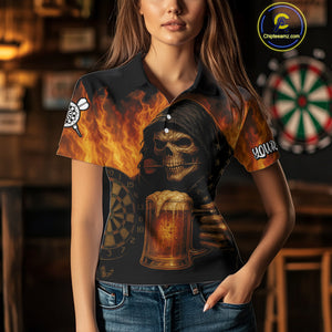 Personalized Funny Death Skeleton & Beer Fire Darts Shirt For Women, Dart Jersey Team Polo & 1/4 Zip TDM4486
