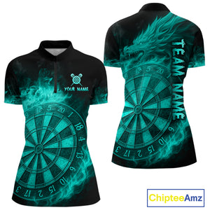 Personalized 3D Turquoise Dartboard Dragon Flame Dart Shirts For Women Custom Darts Team Jerseys TDM4313