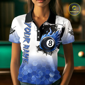 Custom White And Blue Hexagon 8 Ball Flame Billiard Shirt For Women, Funny Pool Team Jersey TDM4552