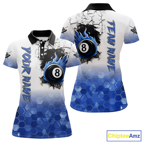 Custom White And Blue Hexagon 8 Ball Flame Billiard Shirt For Women, Funny Pool Team Jersey TDM4552