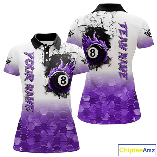 Custom White And Purple Hexagon 8 Ball Flame Billiard Shirt For Women, Funny Pool Team Jersey TDM4553