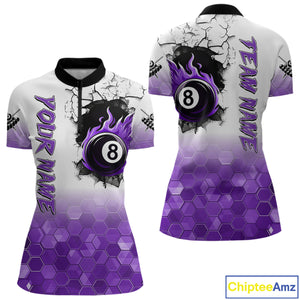 Custom White And Purple Hexagon 8 Ball Flame Billiard Shirt For Women, Funny Pool Team Jersey TDM4553