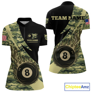 Personalized Flame 8 Ball Pool Military Green Camo Billiard Shirts For Women Custom Pool Team Jersey TDM4187