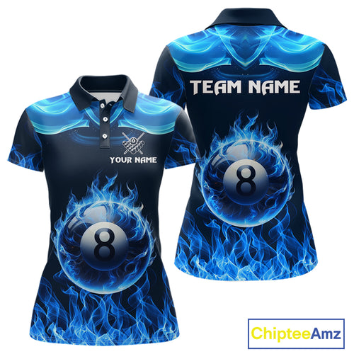 Blue Flaming 8 Ball Pool Billiard Shirts For Women Custom Polo & Quarter Zip Billiard Team Jerseys TDM3999