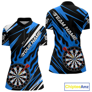 Blue Dartboard Flame Custom Dart Shirts For Women, Darts Team Jerseys Polo & Quarter Zip Shirts TDM4004