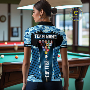 Custom Blue Camouflage 8 Ball Pool Billiard Shirt For Women, Billiard Jersey Outfit, Pool Team Shirt TDM4205