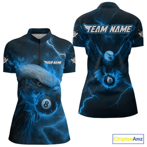 Personalized Eagle Thunder Lightning Blue Billiard Shirt For Women Custom 8 Ball Pool Team Jerseys TDM4381