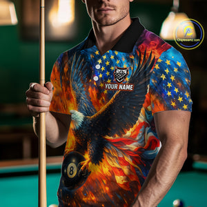 Personalized Flaming American Flag 8 Ball Eagle Billiard Shirt For Men, Patriotic Pool Team Jersey TDM4258