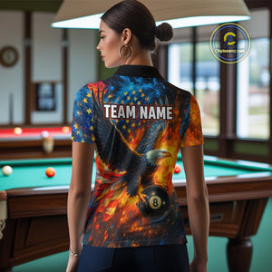 Personalized Flaming American Flag 8 Ball Eagle Billiard Shirt For Women, Patriotic Pool Team Jersey TDM4258