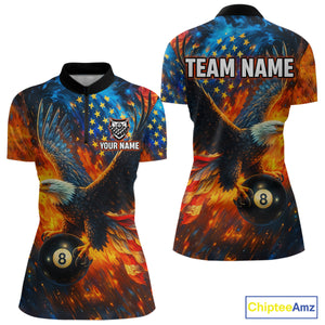 Personalized Flaming American Flag 8 Ball Eagle Billiard Shirt For Women, Patriotic Pool Team Jersey TDM4258