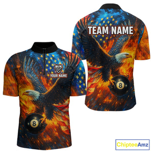 Personalized Flaming American Flag 8 Ball Eagle Billiard Shirt For Men, Patriotic Pool Team Jersey TDM4258