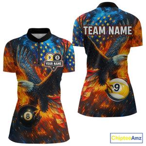 Personalized Orange Flaming US Flag 8 Ball & 9 Ball Eagle Billiard Shirt For Women, Pool Team Jersey TDM4259