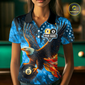 Personalized Blue Flaming US Flag 8 Ball & 9 Ball Eagle Billiard Shirt For Women, Pool Team Jersey TDM4260