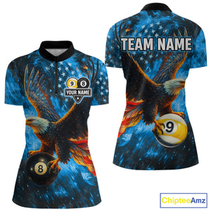 Personalized Blue Flaming US Flag 8 Ball & 9 Ball Eagle Billiard Shirt For Women, Pool Team Jersey TDM4260