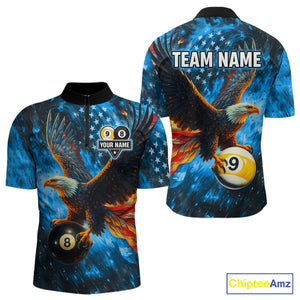 Personalized Blue Flaming US Flag 8 Ball & 9 Ball Eagle Billiard Shirt For Men, Pool Team Jersey TDM4260