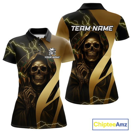 Personalized Golden Grim Reaper Lightning Darts Shirt For Women, Darts Team Jersey Polo &1/4 Zip TDM4271