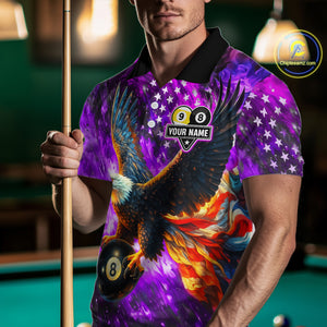 Personalized Purple Flaming US Flag 8 Ball & 9 Ball Eagle Billiard Shirt For Men, Pool Team Jersey TDM4436