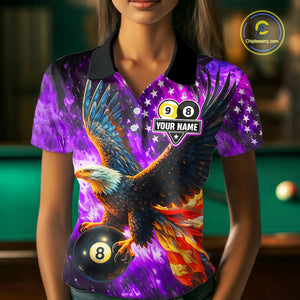 Personalized Purple Flaming US Flag 8 Ball & 9 Ball Eagle Billiard Shirt For Women, Pool Team Jersey TDM4436