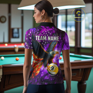Personalized Purple Flaming US Flag 8 Ball & 9 Ball Eagle Billiard Shirt For Women, Pool Team Jersey TDM4436