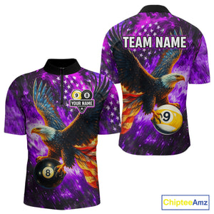 Personalized Purple Flaming US Flag 8 Ball & 9 Ball Eagle Billiard Shirt For Men, Pool Team Jersey TDM4436