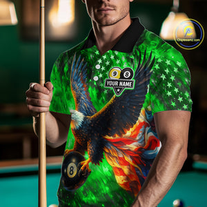 Personalized Green Flaming US Flag 8 Ball & 9 Ball Eagle Billiard Shirt For Men, Pool Team Jersey TDM4437