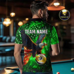 Personalized Green Flaming US Flag 8 Ball & 9 Ball Eagle Billiard Shirt For Men, Pool Team Jersey TDM4437