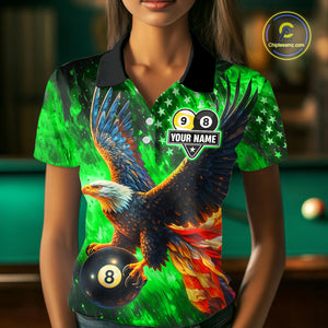 Personalized Green Flaming US Flag 8 Ball & 9 Ball Eagle Billiard Shirt For Women, Pool Team Jersey TDM4437