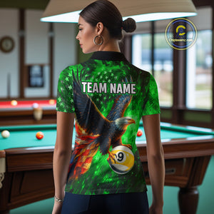 Personalized Green Flaming US Flag 8 Ball & 9 Ball Eagle Billiard Shirt For Women, Pool Team Jersey TDM4437