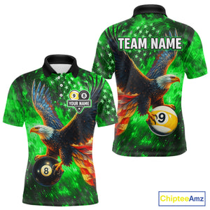 Personalized Green Flaming US Flag 8 Ball & 9 Ball Eagle Billiard Shirt For Men, Pool Team Jersey TDM4437