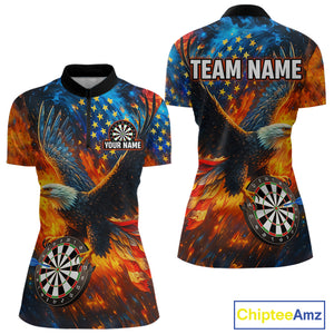 Personalized Orange Flaming US Flag Eagle Darts Shirt For Women, Patriotic Darts Team Jerseys TDM4438