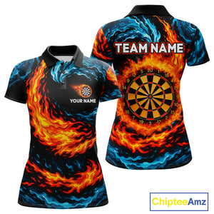 Personalized Blue And Orange Flame Darts Shirt For Women | Custom Storm Fire Team Darts Jersey TDM4274